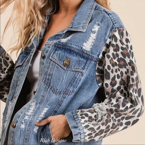 🌺LAST1️⃣🌺New Distressed Denim Jacket Button Down Front & Leopard Print Sleeves - Picture 6 of 11